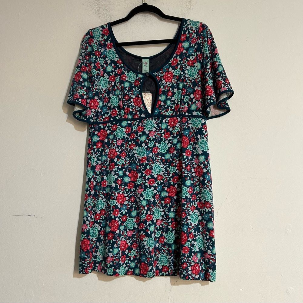 Free People Y2K Bright Floral Short Sleeve Cut Out Mini Dress Large Retro Boho